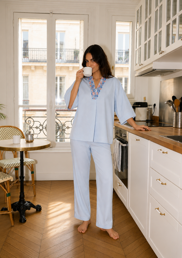 Celeste Charm Hand Embroidered V-Neck Lounge set