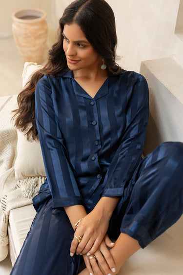 Blue Self stripe Satin Pj set