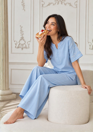 Sky Whisper Embroidered Night Suit