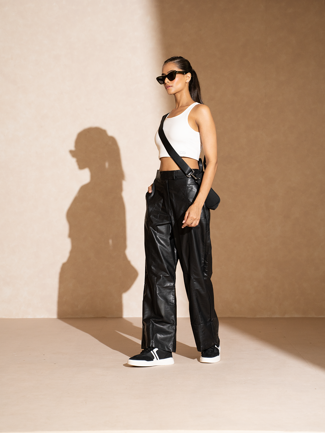 Leather Straight Fit Trousers Black