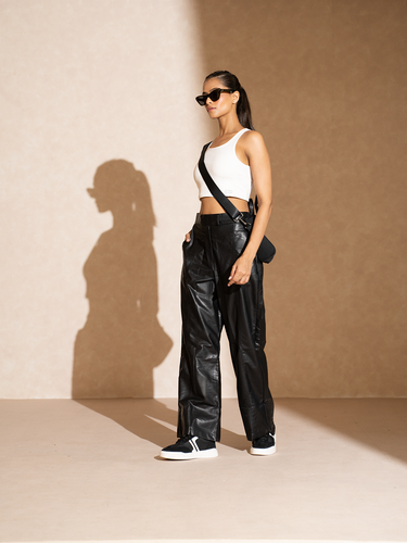 Shop-Leather Straight Fit Trousers Black