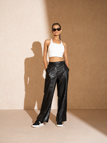 Shop-Leather Straight Fit Trousers Black