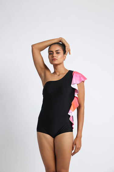 Black – One-Shoulder Swimsuit with Frill