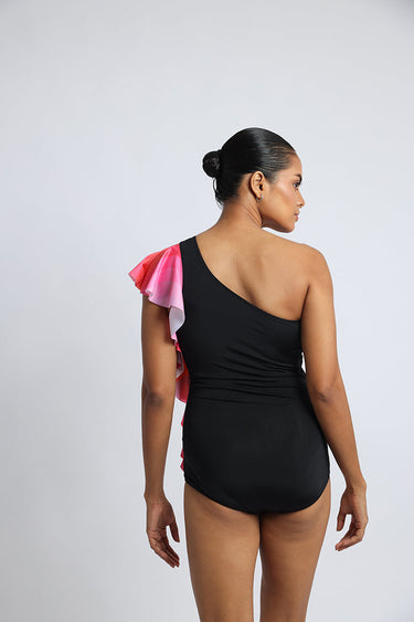 Black – One-Shoulder Swimsuit with Frill