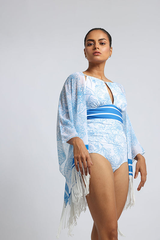 Blue & White Floral Print Shrug: The Perfect Swimwear Companion