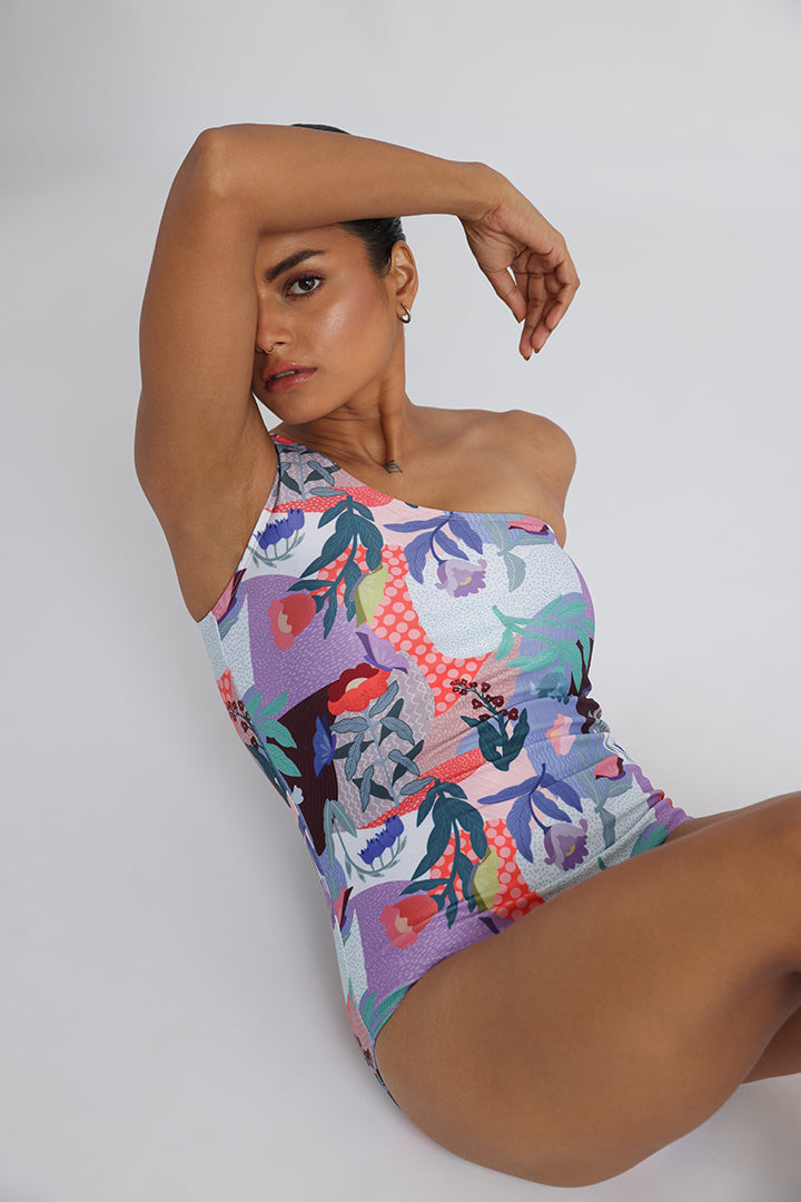 Garden Print One-Shoulder Swim Suit with Low-Rise V-Cut Bottoms