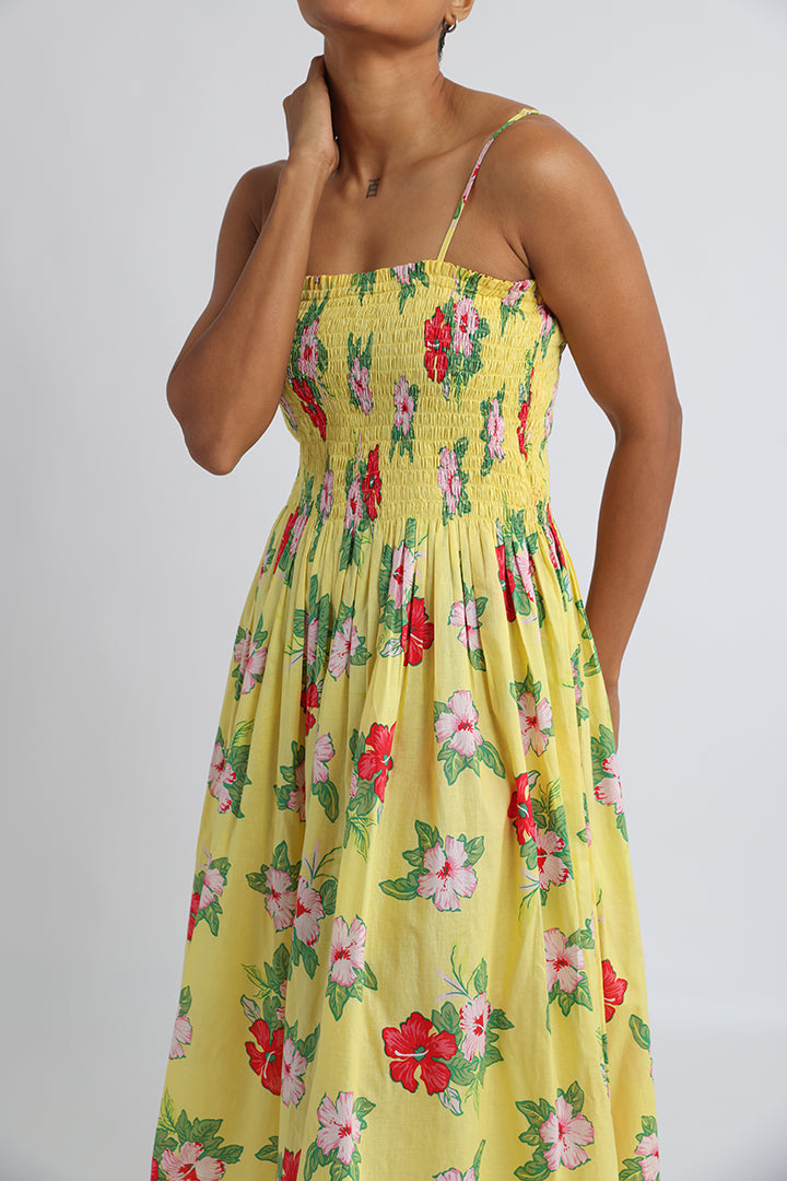 Yellow Floral Print Summer Beach Dress