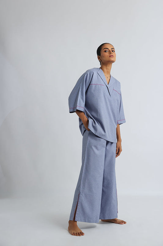 Blue Grey Co-ord Set with Anti-fit Style and Running Stitch Detail