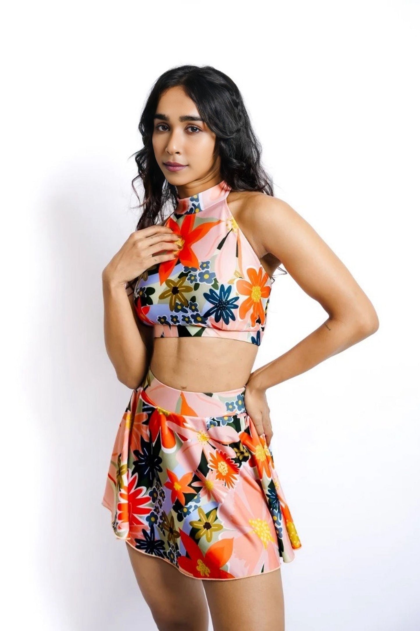 Wild Flower Crop Tank Top and High-Waist Skirt Swim Suit: Your Beach Club Glamour Ensemble