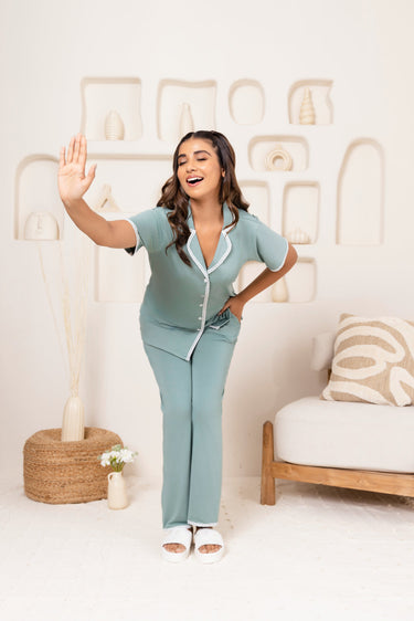 Teal Lace Notched Pyjama Set