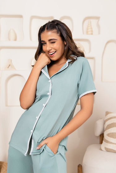 Teal Lace Notched Pyjama Set