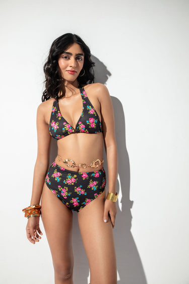 Victorian Rose Black Halter Bikini Top