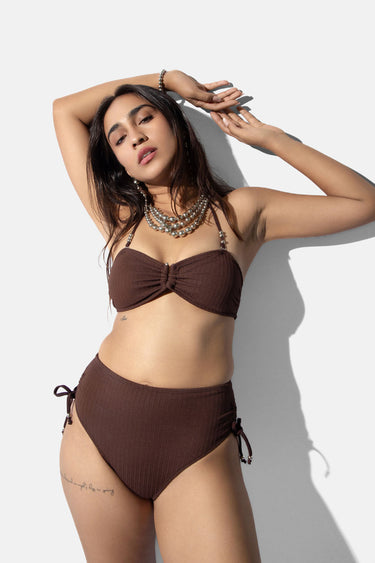 Brown Textured Bandeau Bikini Top