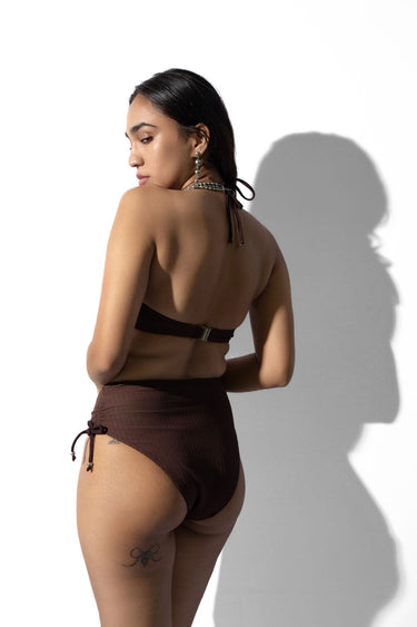 Brown Textured High Waist Bikini Bottom