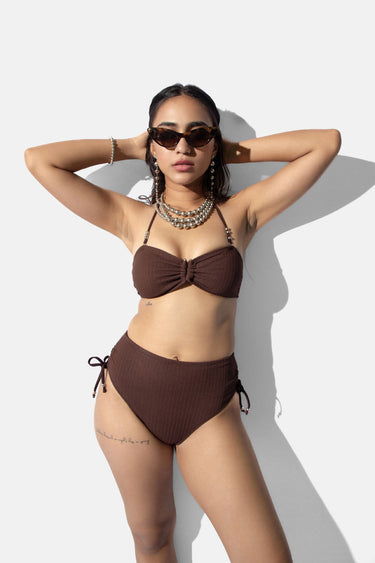 Brown Textured High Waist Bikini Bottom