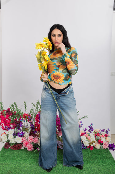 Sunflower Print Mesh Top