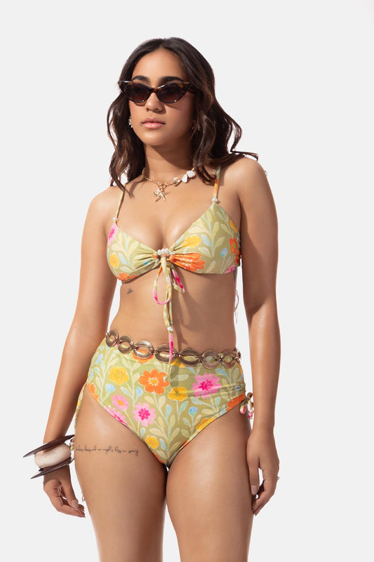 Green Floral Print Front Tie Bikini Set