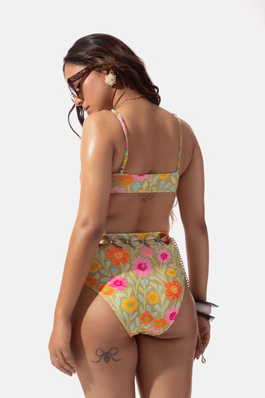 Green Floral Print Front Tie Bikini Set