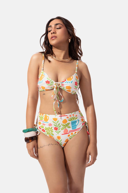 White Printed Front Tie Bikini Top