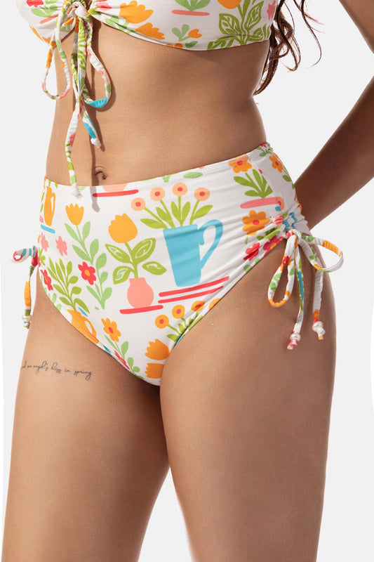 White Printed High Waist Bikini Bottom