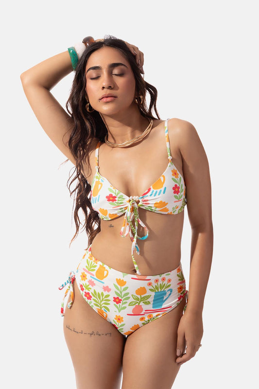 White Printed Front Tie Bikini Set