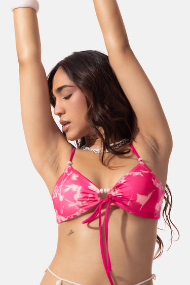 Pink Floral Print Front Tie Bikini Top