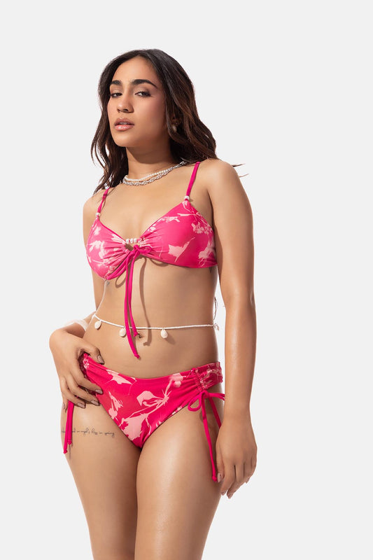 Pink Floral Print Front Tie Bikini Set