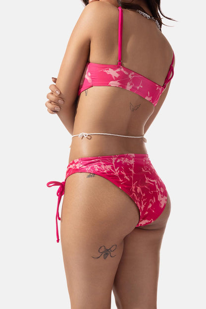 Pink Floral Print Front Tie Bikini Top