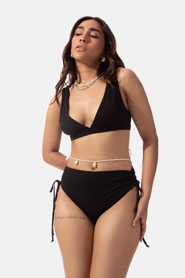Black High Waist Gathered Bikini Bottom
