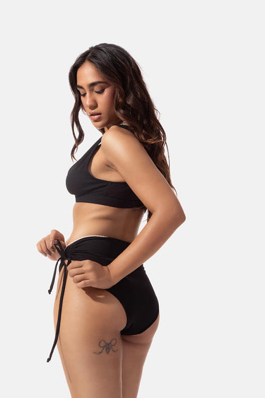 Black High Waist Gathered Bikini Bottom