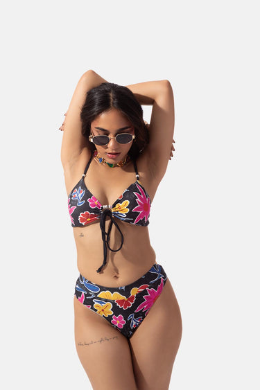 Black Floral Print Front Tie Bikini Set
