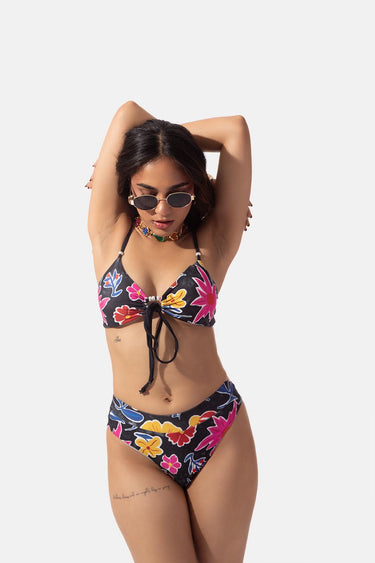 Black Floral Print Front Tie Bikini Top