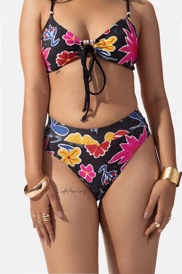 Black Floral Print Front Tie Bikini Set