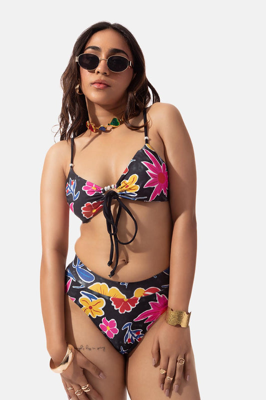 Black Floral Print Front Tie Bikini Set
