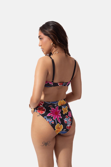 Black Floral Print High Waist Bikini Bottom