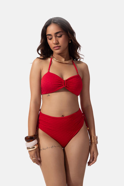 Red Textured Bandeau Bikini Top
