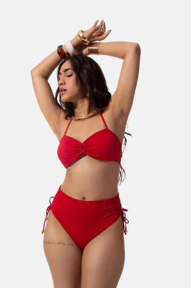 Red Textured Bandeau Bikini Set