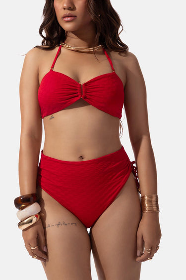 Red Textured High Waist Bikini Bottom