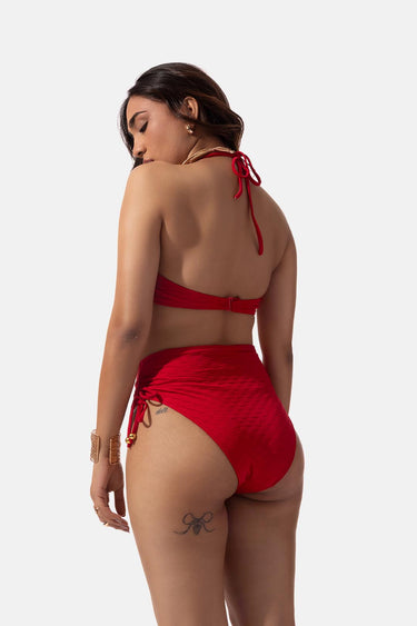 Red Textured Bandeau Bikini Set