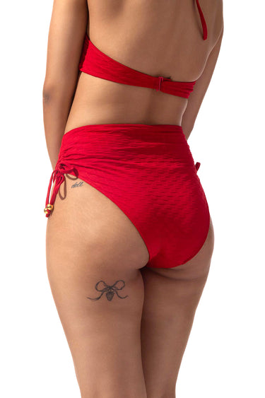 Red Textured High Waist Bikini Bottom