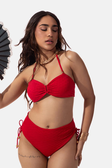 Red Textured High Waist Bikini Bottom