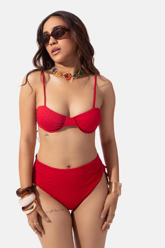Red Textured Underwire Bikini Set