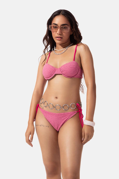Pink Textured String Bikini Bottom