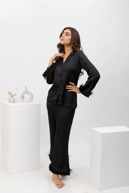 Black Pearl Feather Satin Set