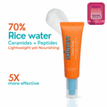 Skincare product with text highlighting rice water, ceramides, peptides, and effectiveness on a white background.
