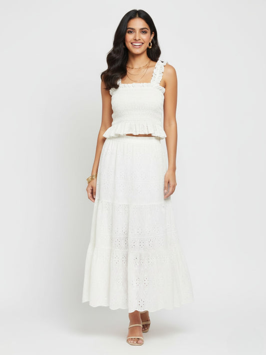 Hakoba Embroidered White Ruched Skirt and Top Set