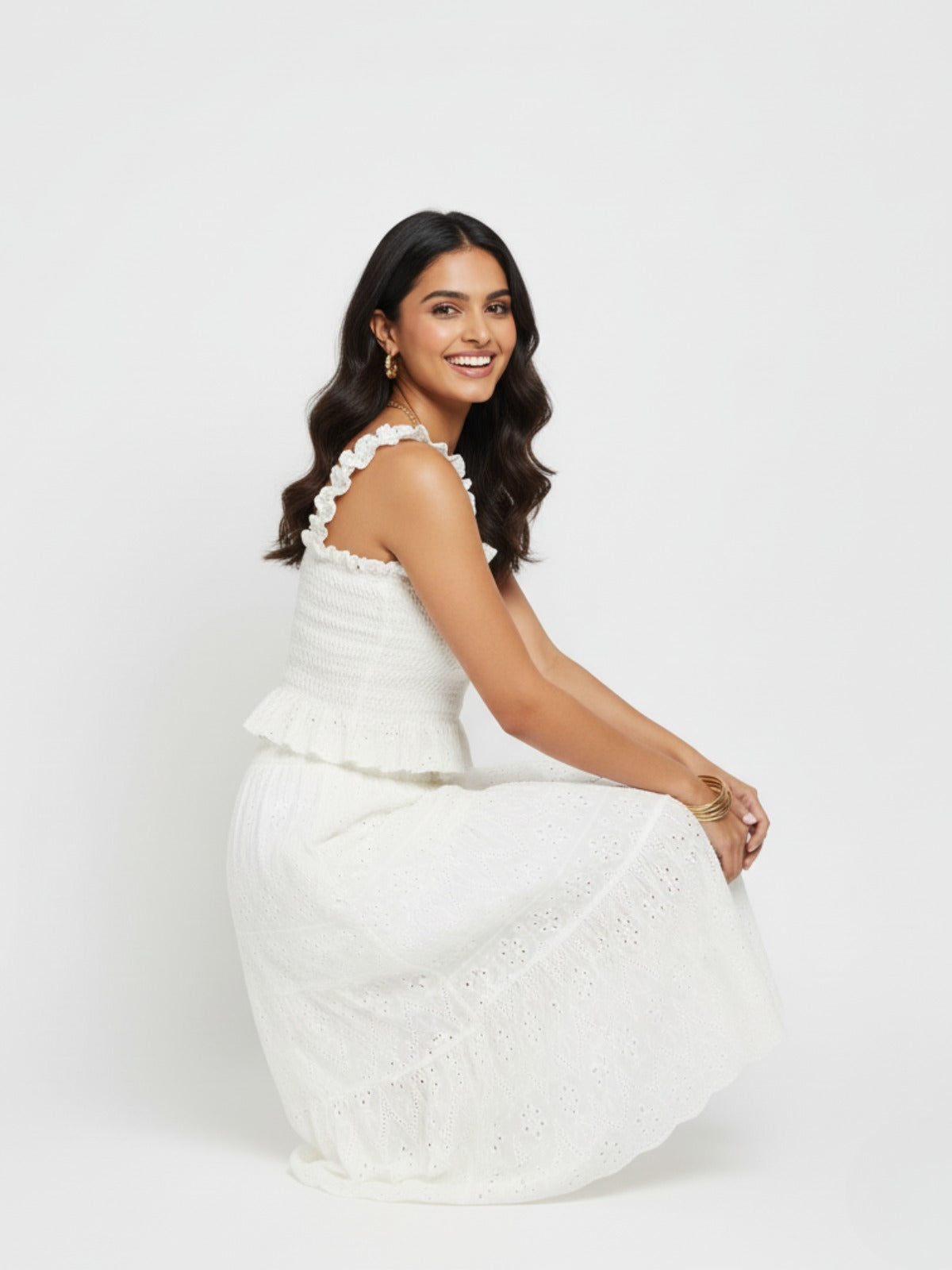 Hakoba Embroidered White Ruched Skirt and Top Set