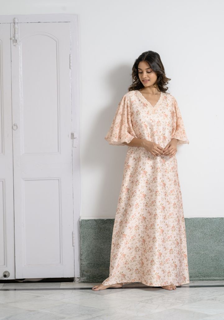 Blush Bloom – Satin Nighty with Umbrella Sleeves