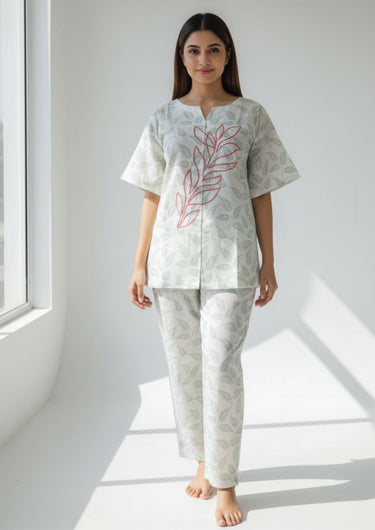 Scarlet Stem Embroidered Night Suit