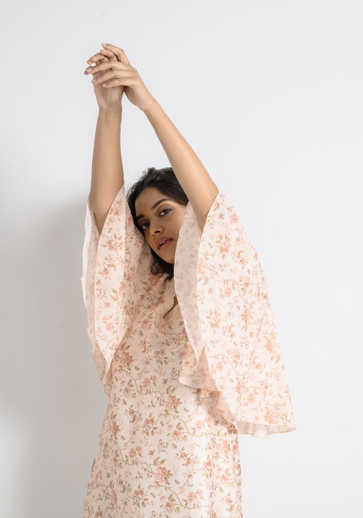 Blush Bloom – Satin Nighty with Umbrella Sleeves